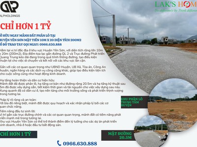 Đất phân lô huyện yên sơn: đối diện công viên 200m2 mt 10m chỉ hơn 1 tỷ, sở hữu ngay 0