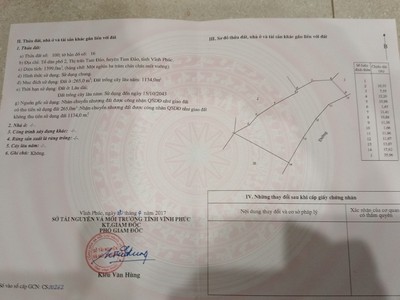 Chính chủ cần bán mảnh đất dt 1.399 m2  265 m2 thổ cư , tại tổ dân phố 2, tt tam đảo, vĩnh phúc 0