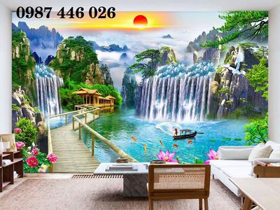 Tranh phong cảnh thác nước, gạch tranh 3d phòng khách HP2834 0