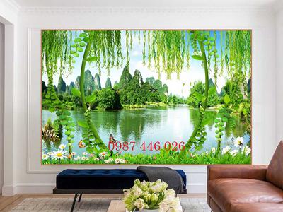 Tranh phong cảnh thác nước, gạch tranh 3d phòng khách HP2834 2