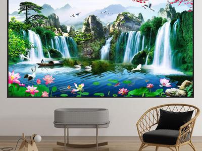 Tranh phong cảnh thác nước, gạch tranh 3d phòng khách HP2834 4