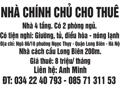 Chính chủ cho thuê nhà 4 tầng tại phường ngọc thụy, quận long biên, hà nội 0