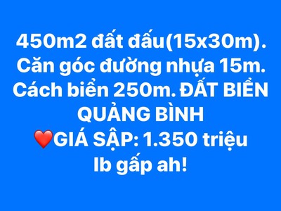 Lô đất biển ngư thuỷ 450m2  15x30m  Đất đấu. cách chợ nam tiến tầm 80m. Cách biển tầm 250m. Giá SẬP 0
