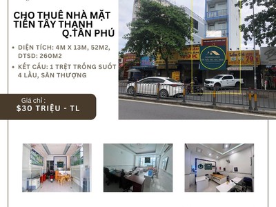 Cho thuê nhà mặt tiền tây thạnh 52m2, 5tầng, 30 triệu 0