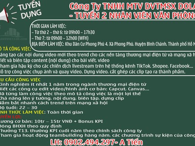 Công ty tnhh mtv dvtmsx dola tuyển 2 nhân viên văn phòng 0