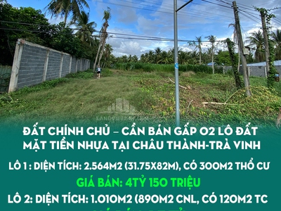 Đất chính chủ   cần bán gấp 02 lô đất mặt tiền nhựa tại châu thành-trà vinh 0