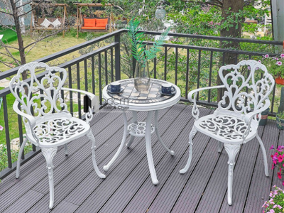 Bộ bàn tròn 60 café sân thượng mặt đá 2 ghế tựa lưng họa tiết có tay vịn khung nhôm HCM TE2036-60A C 0