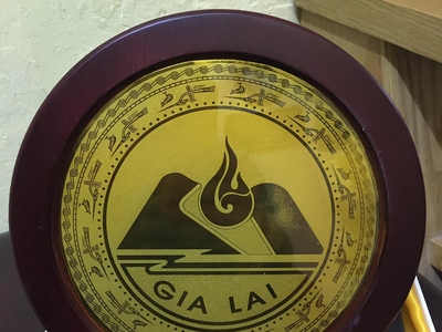 Logo tỉnh Gia Lai mới nguyên hộp chất liệu đồng phủ thủy tinh hữu cơ, có đế để bàn và móc treo tư 1