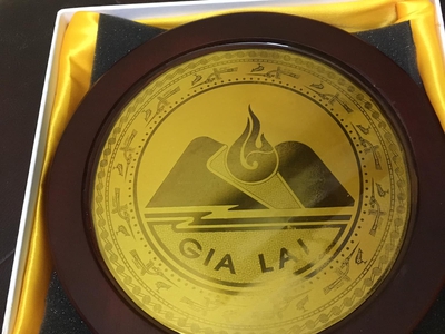 Logo tỉnh Gia Lai mới nguyên hộp chất liệu đồng phủ thủy tinh hữu cơ, có đế để bàn và móc treo tư 2