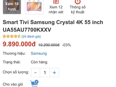 Smart Tivi Samsung Crystal 4K 55 Inch UA55AU7700KXXV Như Mới 4