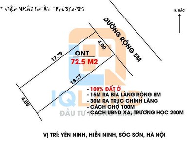 Bán 72,5m2 yên ninh - hiền ninh - sóc sơn. đường thông 5m gần bìa làng 0