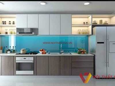 Tủ Bếp Chữ I Hiện Đại Gỗ MDF Phủ Melamine Màu Nâu Phối Trắng 0