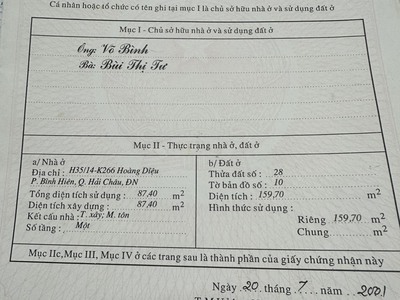 Chính chủ bán cần bán căn nhà tại kiệt  đường hoàng diệu, phường bình hiền , quận hải châu, đà 0