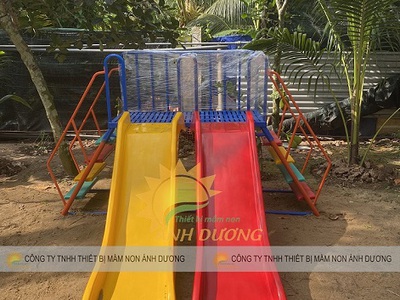 Cầu trượt sắt dành cho mầm non, cầu trượt máng đơn máng đôi 4