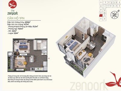 Chính chủ cần bán căn hộ chung cư cao cấp zenpark 1 ngủ diện tích 43,2m 0