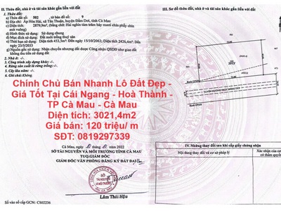 Chính chủ bán nhanh lô đất đẹp - giá tốt tại cái ngang - hoà thành - tp cà mau - cà mau 0