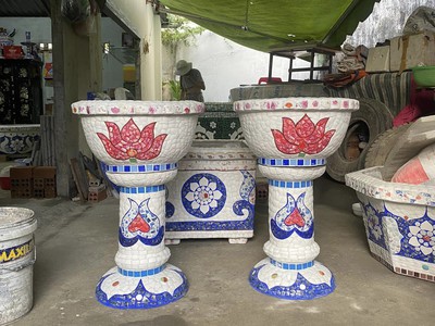 Chậu hoa dán miễng sành - chậu khảm sành sứ - nghệ nhân dán miễng sành sứ ,khảm miễng , chậu lớn , 16