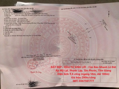 Đất đẹp - đầu tư sinh lời - cần bán nhanh lô đất ấp mỹ lợi, phước lập, tân phước, tiền giang 0