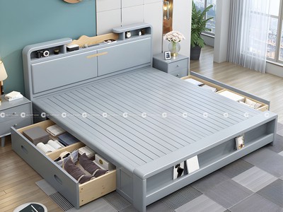 Giường Ngủ Gỗ Sồi Tự Nhiên Màu Xanh Sang Trọng 4
