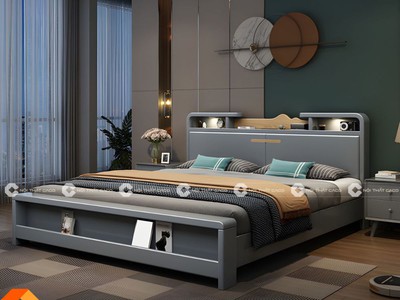 Giường Ngủ Gỗ Sồi Tự Nhiên Màu Xanh Sang Trọng 5