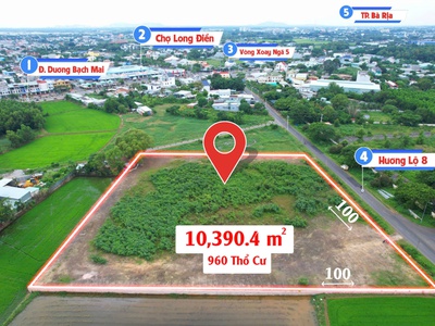 Đất nhà hàng khách sạn dt 100x100m shr 960m2 odt chợ long điền giá 4.8 tr/m2 0