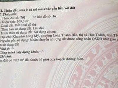 Chính chủ bán đất đẹp - giá tốt - vị trí tại : long mỹ - long thành- bắc hòa - tây ninh 0