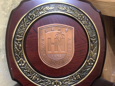 Đĩa Logo Đại học Hải Nam, Trung Quốc, chất liệu đồng hợp kim  gỗ, có đế để bàn, kích thước 21x21cm. 0