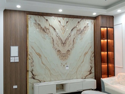 Vách tivi PVC vân đá kết hợp tủ trang trí phòng khách 0