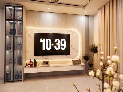 Vách tivi PVC vân đá kết hợp tủ trang trí phòng khách 3