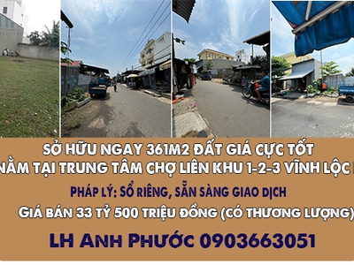 Sở hữu ngay 361m2 đất giá cực tốt nằm tại trung tâm chợ liên khu 1-2-3 vĩnh lộc b 0