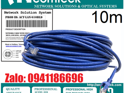 Day nhảy patch cord CAT6 UTP 10M lõi đồng 100 pass Fluke, đầu đúc ACT-LAN-610BLD 10