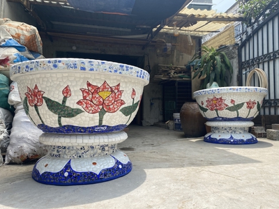Chậu hoa đắp sành sứ , chậu cẩn miểng , chậu xoay 360 độ , chậu kích thước khủng 12