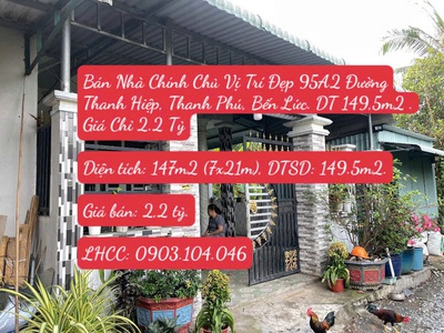 Bán nhà chính chủ vị trí đẹp 95a2 đường thanh hiệp, thanh phú, bến lức. dt 149,5m2. giá chỉ 2.2 tỷ 0