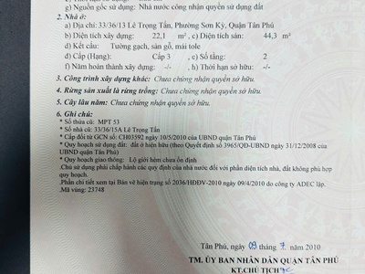 Bán nhà hẻm 33/36/13 lê trọng tấntân phú, sổ hồng, chỉ hơn 3 tỷ 4