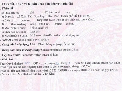 Chính chủ cần bán lô đất thổ cư tại Xuân Thới Sơn, Xã Bà Điểm, Huyện Hóc Môn, TP HCM 4