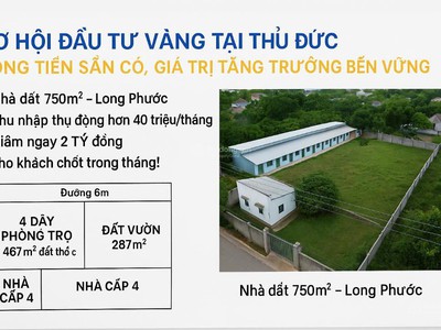 Siêu phẩm đầu tư nhà đất thủ đức 750m2, mt 23 m thu nhập hơn 40tr/ thg- giảm ngay 2 tỷ giao dịch 1