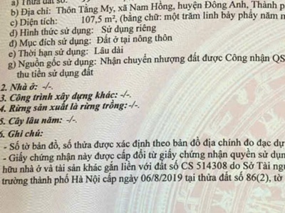 Cần bán 107,5m2 đất thôn tằng my, xã nam hồng, đông anh. sổ đỏ chính chủ 0
