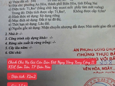 Chính chủ hạ giá cần bán đất ngay vòng xoay cổng 11,  kdl sơn tiên, tp biên hòa 0