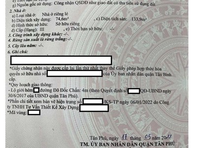 Bán nhà dt 75m2, hẻm xe hơi đường đô đốc chấn, quận tân phú 2