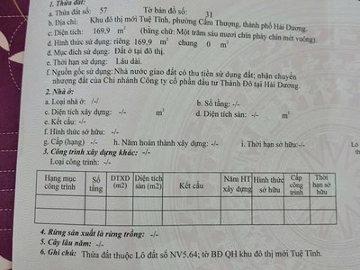 Bán đất lô góc nhà vườn KĐT Tuệ Tĩnh, ph Cẩm Thượng, TP HD, 169.9m2, mt hơn 24m, vị trí đẹp 1