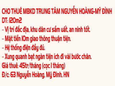 Cho thuê mbkd trung tâm nguyễn hoàng-mỹ đình 0
