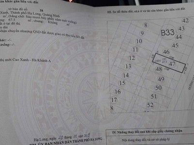 Bán Lô B33-47 KĐT Cao Xanh,Hà Khánh A. DT:67.5m2,MT:4.5m.H:ĐN 3