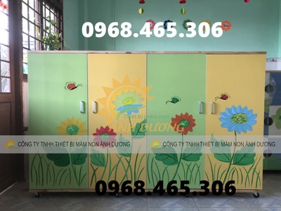 Tủ đựng chăn gối mầm non, tủ gỗ nhà trẻ mầm non 1