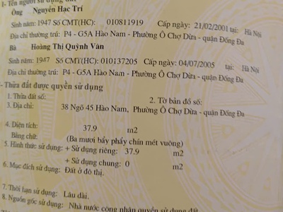 Chính chủ bán nhà số 38 ngõ 45 hào nam, quận đống đa, hà nội 3