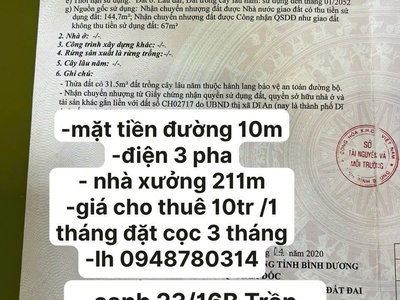 Cho thuê nhà xưởng 211m2 mặt tiền đường Trần Quang Diệu Dĩ An BD 4
