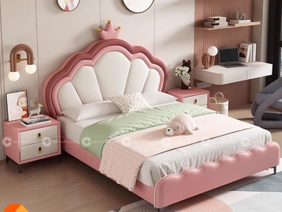 Giường Ngủ Trẻ Em Bọc Da Hồng Trắng Xinh Xắn 1
