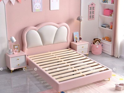 Giường Ngủ Trẻ Em Bọc Da Màu Hồng Phối Trắng Xinh Xắn 1