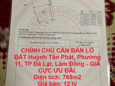 Chính chủ cần bán lô đất huỳnh tấn phát, phường 11, tp đà lạt, lâm đồng - giá cực ưu đãi. 0