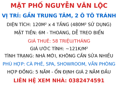 HIẾM  Thuê nhà mặt phố Nguyễn Văn Lộc, Hà Đông   120m  x 4 tầng, MT 6m, 58tr/ tháng 3