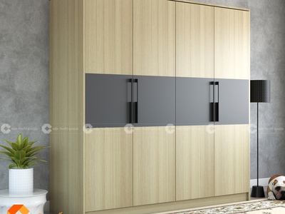 Tủ Quần Áo Gỗ Công Nghiệp MDF Kịch Trần Vàng Phối Xám 1